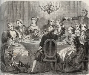 Libertinage: Christian VII. (1749-1808), König von Dänemark und Norwegen, während eines libertinen Festes, das von der Tänzerin Marie Madeleine Guimard (1743-1816) in ihrem Haus in Pantin organisiert wurde. Gravur von 1871 in „Histoire Des Cocuses Celebres