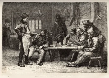 Das Innere eines Holzfällercamps in Ontario, Gravur nach einer Zeichnung von D. Maillard, die den Ausflug nach Kanada und zur Riviere Rouge du nord, von H. De Lamotte, 1873, illustriert, veröffentlicht in „Le tour du monde“ 1875, herausgegeben von Edouard 