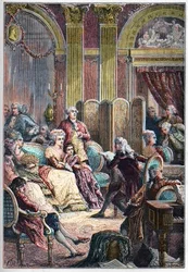 Literarischer Salon - Lesung von „Paul und Virginie“ von Jacques-Henri Bernardin de Saint-Pierre in den Salons von Madame Necker in Paris - neben Mme Necker ihr Ehemann Jacques Necker und ihre Tochter Germaine, später Mme de Stael - Lesung