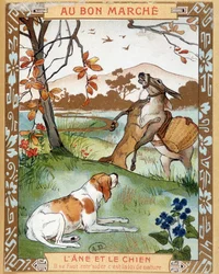 Der Esel und der Hund, Fabel von La Fontaine - Werbeetikett von Bon Marché