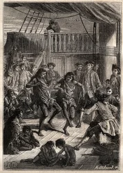 Louis Antoine, Graf von Bougainville (1729-1811) empfängt die Bewohner der Bucht Fortescue (Magellanstraße) in seinem Boot „La Boudeuse“ im Jahr 1768 - Illustration aus „Die großen Seefahrer des 18. Jahrhunderts“