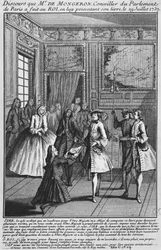 Louis Basile Carré de Montgeron überreicht sein Buch über Diakon François de Paris und die Konvulsionäre von Saint-Médard König Ludwig XV., 1737