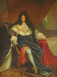 Ludwig XIV. (1638-1715) hält einen Plan des Maison Royale de Saint-Cyr