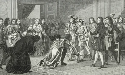 Ludwig XIV. (1638-1715), der Sonnenkönig, stellt seinen Enkel Philippe V. (1683-1746) den spanischen Gesandten vor, aus 