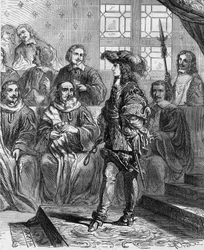 Ludwig XIV. (1638-1715) war 1652 im Alter von 17 Jahren vor dem Parlament und zwang den Präsidenten, die Versammlung aufzulösen. Gravur in "Histoire De France En Cent Paintings" von Paul Lehugeur 1891