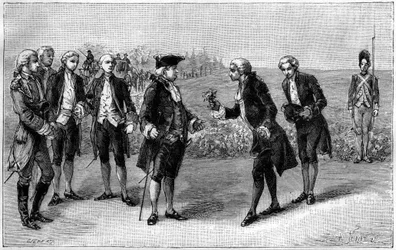 Louis XVI (1754-1793) besucht das erste Kartoffelfeld in der Ebene der Sablons (heutige Avenue de la Grande Armée, Paris), Antoine Augustin Parmentier (1737-1813) überreicht ihm Kartoffelblüten, um 1785. Gravur in „La Nature. Revue des sciences et de ses a