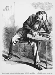 Lucien de Rubempré denkt an Selbstmord, Illustration aus Splendeurs et Misères des courtisanes von Honoré de Balzac, veröffentlicht 1867