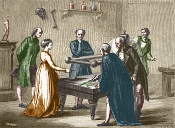 Luigi Galvani, Professor in Bologna, entdeckte 1780 die Reizbarkeit der Froschmuskeln durch Elektrizität - in „Album der Wissenschaft; illustre Wissenschaftler; Große Entdeckungen“ 1896