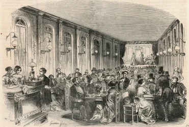 Lyrischer Druck des Passage Jauffroy in Paris im 19. Jahrhundert - Gravur in „Tableau-de-Paris“ von Edmond Texier 1852