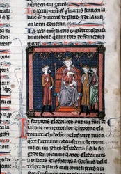 MS.782 Childerich II. (ca. 650-675), Clodomir (ca. 495-524) und möglicherweise Theoderich, dargestellt unter dem Schutz von König Chlothar I. (ca. 497-561), auf einem Thron sitzend, Miniatur aus den Chroniken von Saint-Denis