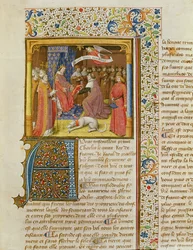 MS 246 f.1r Raoul de Presles überreicht seine Übersetzung an Karl V. (1338-80) aus La Cité de Dieu von St. Augustinus, übersetzt von Raoul de Presles (1316-82) ca. 1400-50