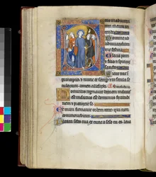 Verspottung Christi mit Jesus, umgeben von Peinigern, darunter zwei Männer mit jüdischen Kappen, aus dem Psalter und Stundenbuch von Isabella von Frankreich, Paris, ca. 1265-70