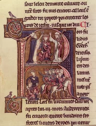 Historisierte Initiale R, die König Balduin I. von Flandern (1171-1205) zeigt, wie er 1204 zum lateinischen Kaiser gekrönt wird und seine Großzügigkeit gegenüber einer türkischen Frau, die ihr Kind wegschickt