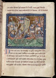 Seite mit Text und Beleuchtung einer Seeschlacht, aus De Re Militari, um 1270