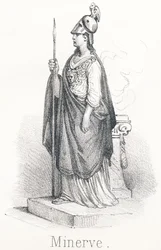 M Minerve: Göttin aus Jupiters Kopf, bewaffnet mit Fuß im Umhang und Speer in der Hand. Unter dem Namen Minerva war sie Göttin der Weisheit und unter dem Namen Pallas war sie Göttin des Krieges