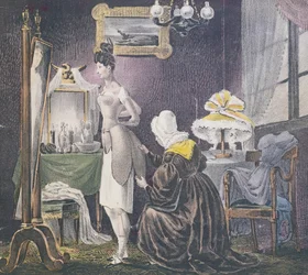 Dienstmädchen hilft ihrer Herrin beim Anziehen von Polstern für Brüste und Gesäß, ca. 1830