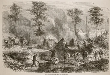 Holzkohleherstellung für Schießpulver, Illustration aus Cassells Geschichte des Krieges zwischen Frankreich und Deutschland, 1870-1871