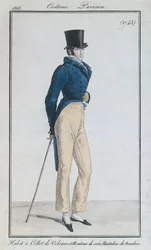 Männeranzug mit Samtkragen, Seidenknöpfen und Nankeen-Hosen, 1816