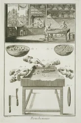 Herstellung von Flaschenkorken, aus der Encyclopedie des Sciences et Metiers von Denis Diderot (1713-84) veröffentlicht ca. 1770