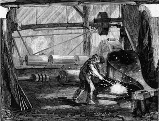 Herstellung von Gewehrläufen: Die Eisenstreifen sind rot blank. Gravur in „Le Monde Illustré“ Nr. 35 vom 12. Dezember 1857.