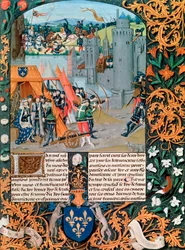 Manuskript, das eine Schlacht aus dem Hundertjährigen Krieg darstellt, 14. Jahrhundert