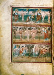 Manuskriptseite mit Episoden aus dem Leben von Adam und Eva: Erschaffung von Adam und Eva. Die Erbsünde. Vertreibung aus dem Paradies (Miniatur)