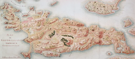 Karte von Rhode Island zur Zeit der Besetzung 1780-81 durch die französische Armee auf Befehl von Jean-Baptiste de Vimeur (1725-1807), Graf von Rochambeau