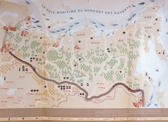 Karte Sibiriens, die die immensen natürlichen Ressourcen des Gebiets zeigt und einen Seeweg darstellt, der den Handel erschließen würde, 1933