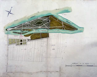 Karte des Gartens von Moulin Joly. Platte des Atlas der Pläne des Gebiets von Colombes (1780), aufbewahrt in den Nationalarchiven.