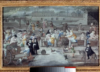 Markt für Geflügel und Brot, Quai des Grands Augustins in Paris im Jahr 1660. Anonymes französisches Gemälde