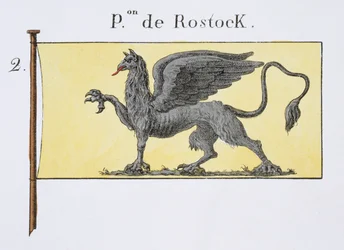 Seeflagge mit Greifenemblem, das das Wappen von Rostock darstellt, aus einem französischen Flaggenbuch, ca. 1819