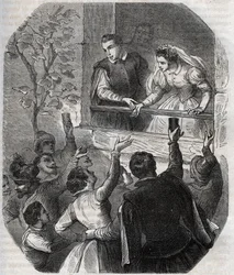 Heirat von Martin Guerre (um 1524) und Bertrande de Rols in Artigat (Ariege) am 15. Mai 1539. Gravur von 1871 in „Histoire Des Cocuses Celebres“ von Henry de Kock (1819-1892)