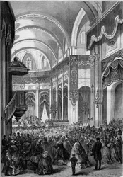 Messe aller Heiligen gefeiert in der Kirche Saint Nicolas du Chardonnet in Paris, dekoriert wie St. Peter in Rom zur Heiligsprechung der Märtyrer von Japan. 1862. Gravur in „Le Monde Illustré“ Nr. 291 vom 8. November 1862
