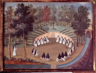 Versammlung von Nonnen in Port Royal des Champs (Port Royal des Champs) in einer Konferenz in der Einsamkeit. Anonymes Gemälde des 18. Jahrhunderts. Port Royal, Musee des Granges