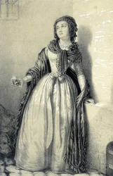 Melle (Mademoiselle) de Sombreuil im Gefängnis der Abtei Saint Germain trinkt das Glas Blut, um ihren Vater vor den Händen der Revolutionäre zu retten - in „Galerie historique de la Révolution Française“ von Albert Maurin, ed. Paris 1843