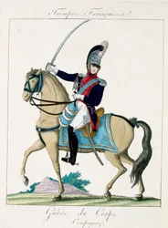 Mitglied der Garde du Corps, aus Troupes Francaises, veröffentlicht bei Basset, Paris, um 1790