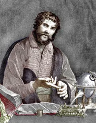 Michel de Nostredame, alias Nostradamus (1503-1566) französischer Astrologe und Arzt, kolorierte Gravur