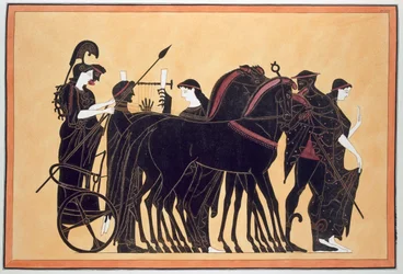 Minerva in einem Kriegsgespann mit Begleitern