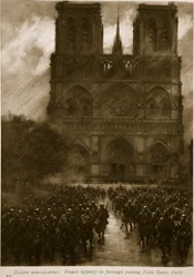 Französische Infanterie auf Urlaub passiert Notre Dame, Paris, 1914-19