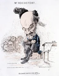 Monsieur Rochefort auf der Suche nach Artikeln von Untel. Karikatur über Rochefort und die Kommune.