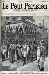 Feierlichkeiten in Moskau: Kaiser Nikolaus II. von Russland (1868-1918) und Kaiserin Alexandra Fjodorowna Romanowa (1872-1918) verlassen nach ihrer Krönung am 14. Mai die Mariä-Entschlafens-Kathedrale im Moskauer Kreml