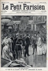 Feiern in Moskau: Zar Nikolaus II. von Russland (1868-1918) und Zarin Alexandra Fjodorowna Romanowa (1872-1918) beim Ball der französischen Botschaft, in "Le petit Parisien"