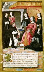 Ms.17 fol.1 Der Autor bietet Anne von Bretagne (1477-1514) sein Buch an, aus Vie des Femmes Celebres, um 1505