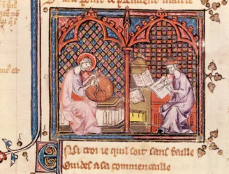 Ms 1044 Fol.16v Das Wort, Schöpfer der Welt und Der Autor schreibt sein Buch, aus Ovide Moralise geschrieben von Chretien Legouais