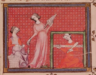 Frauen spinnen Wolle, aus Ovide Moralise geschrieben von Chretien Legouais