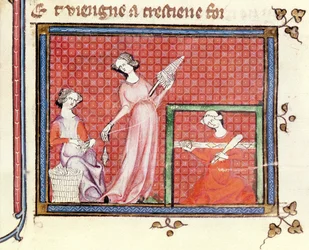 Ms 1044 fol.101 Die starke Frau der Schrift spinnt mit ihren Dienerinnen, aus Ovide Moralise, geschrieben von Chretien Legouais