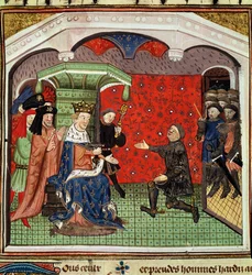 Ms. 1142 fol.4 Bertrand du Guesclin (ca. 1320-80) vor Karl V (1338-80) und seinem Hof