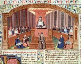 Eine Lektion in Theologie an der Sorbonne, aus Postilles sur le Pentateuch, Illustration zum Text von Nicolas de Lyre