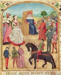 Ms 1335 f.1 Margarete von York wird ihrem zukünftigen Ehemann, Karl dem Kühnen, am 27. Juni 1468 in Damme vorgestellt