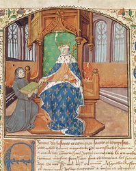 Ms 1468 fol.1 Der Autor bietet sein Buch König Karl VII. an, aus Les Chroniques de Monstrelet
